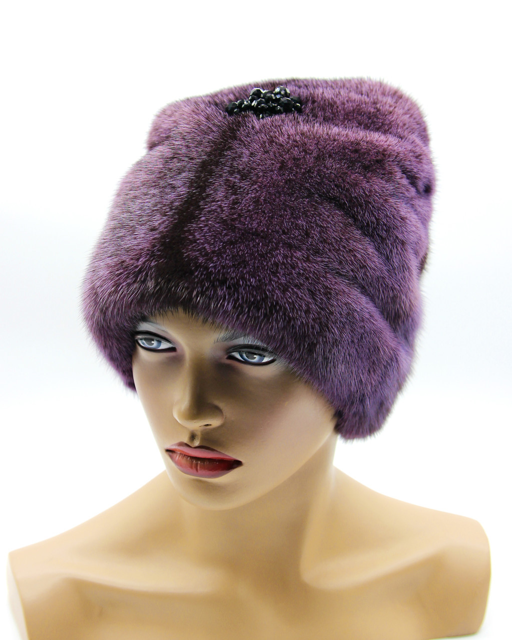 Норковая шапка "Бини с украшением" цельная, крестовка - фиолетовая. - фото 1 - id-p8818039