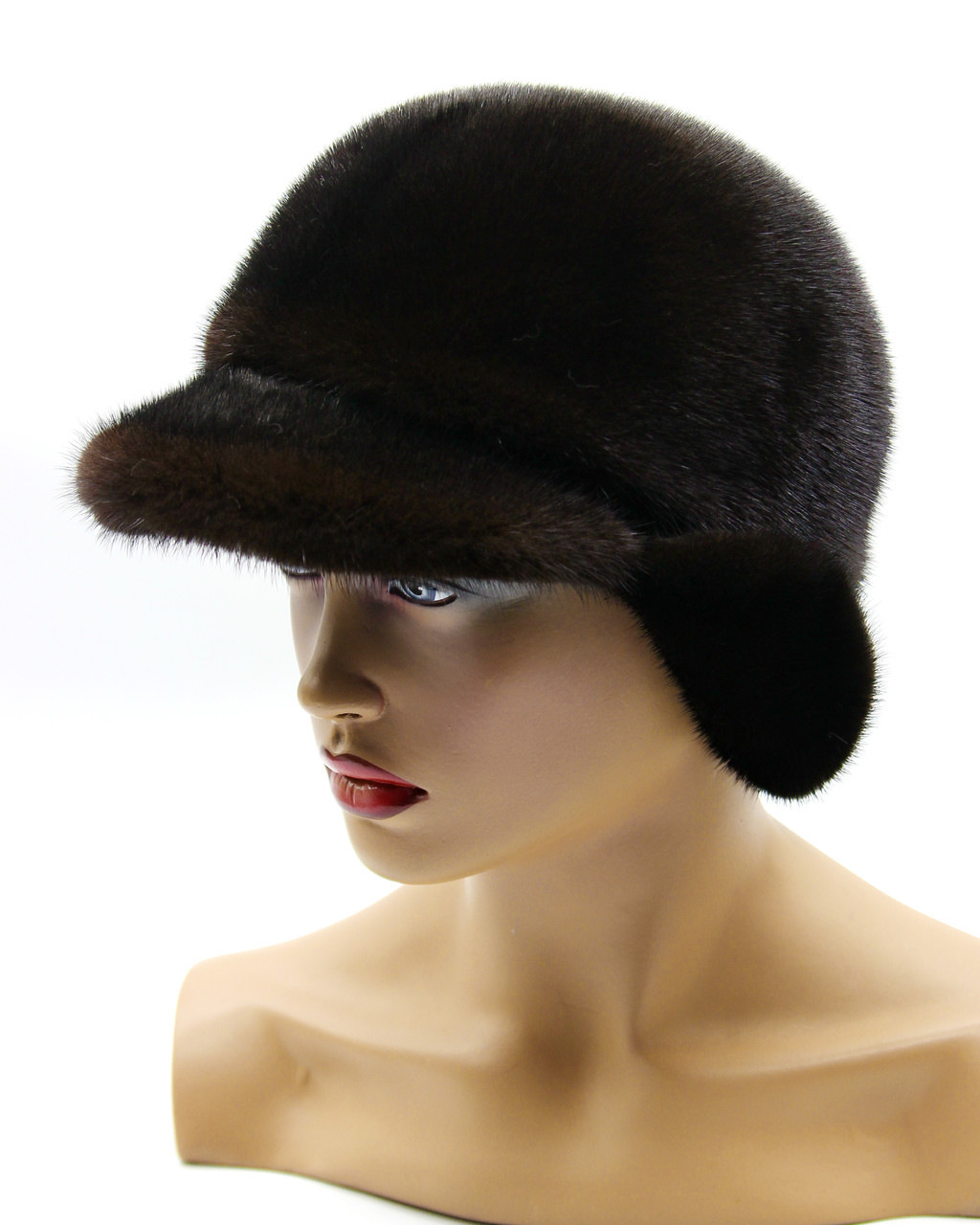 Норковая женская шапка "Лобик короткое ухо с козырьком", (коричневая). - фото 1 - id-p10103299