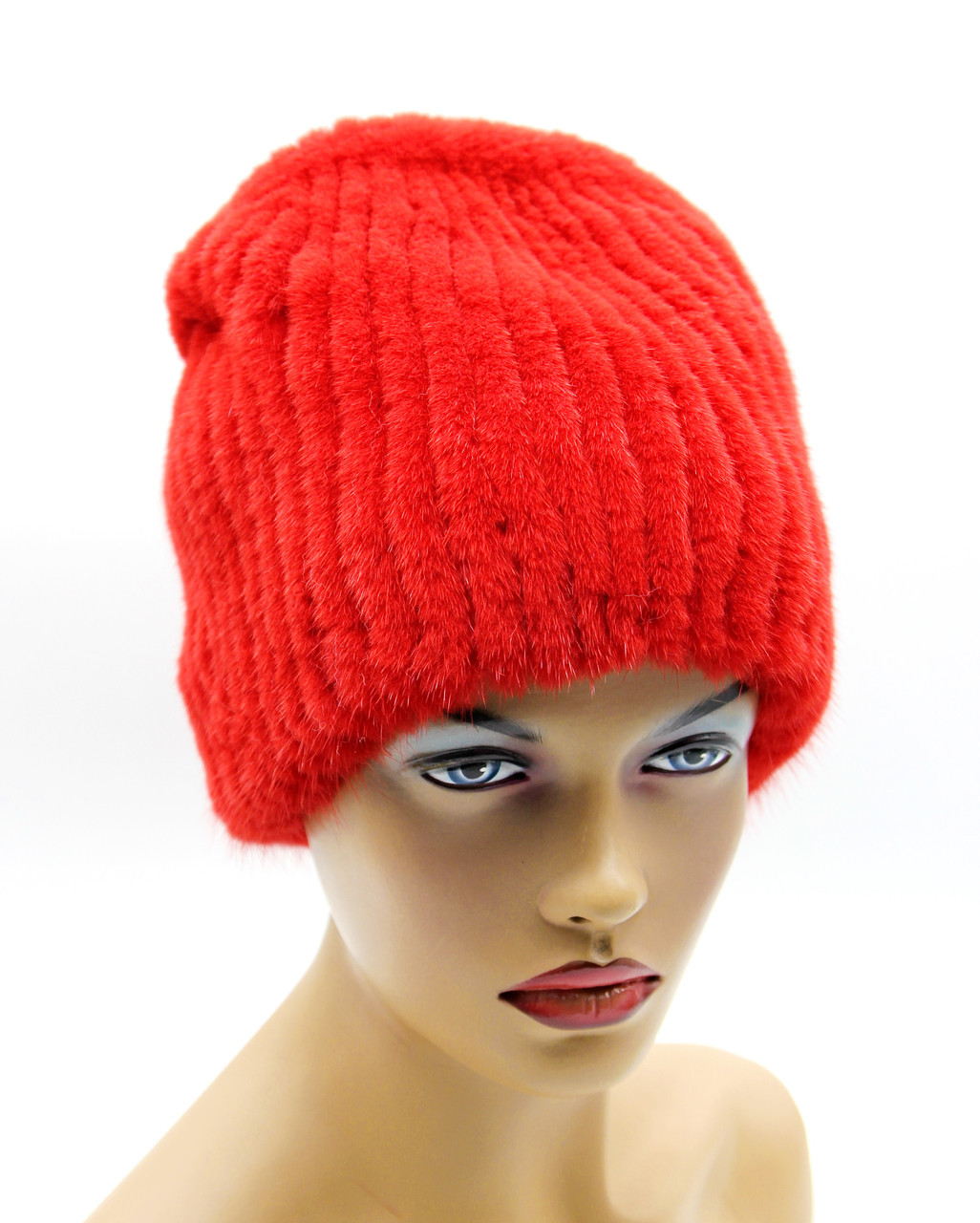 Норковая женская меховая шапка на вязаной основе "Бини" (красная). - фото 1 - id-p10103305