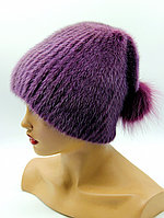 Норковая женская шапка на вязаной основе "Буратино" (фиолетовая).