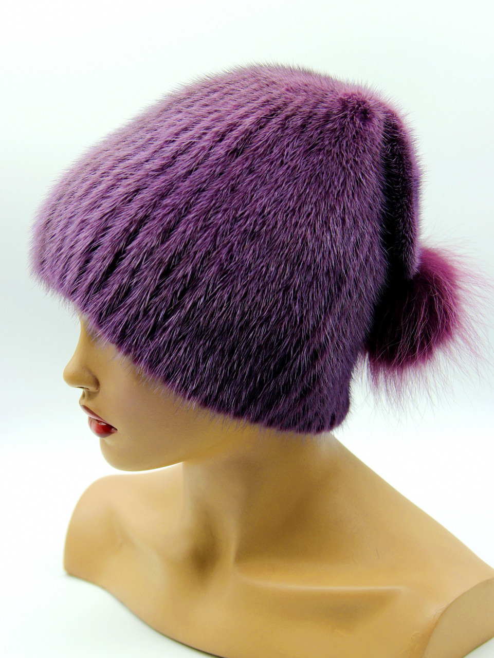 Норковая женская шапка на вязаной основе "Буратино" (фиолетовая). - фото 1 - id-p10103315