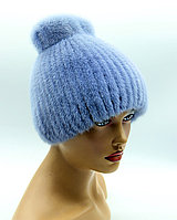 Норковая шапка женская на вязаной основе "Чулок" (голубая).