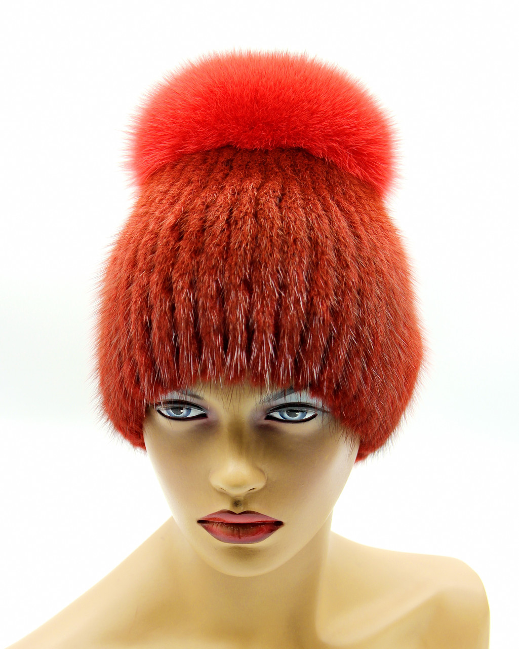 Меховая женская шапка "Шарик" с бубоном из ондатры, (красный). - фото 1 - id-p10103343
