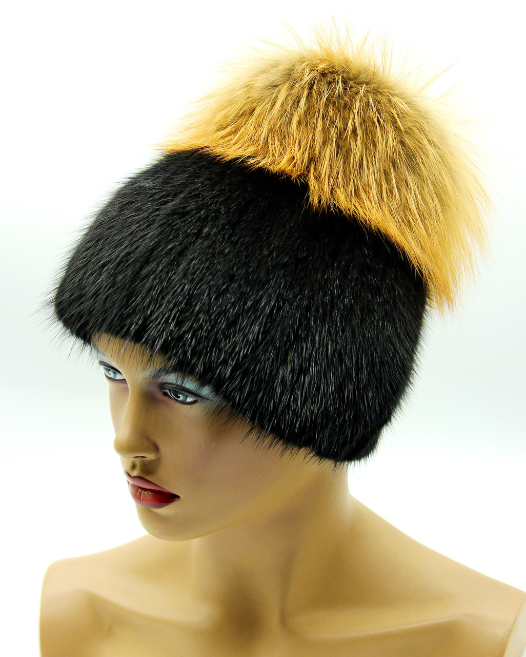 Зимняя меховая шапка из ондатры "Малибу", черная с лисой. - фото 1 - id-p10103345