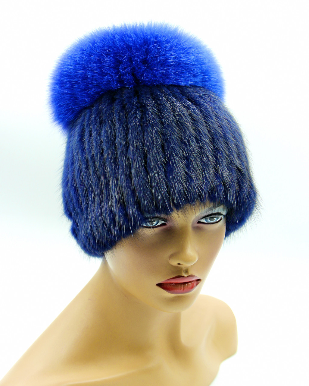 Женская меховая шапка из ондатры и песца "Малибу", синяя. - фото 1 - id-p10103348