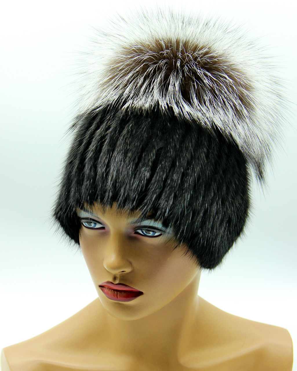 Меховая женская шапка из ондатры и чернобурки "Малибу", черная. - фото 1 - id-p10103349