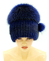 Женская шапка меховая из ондатры и чернобурки "Бон" на вязаной основе, (синяя).