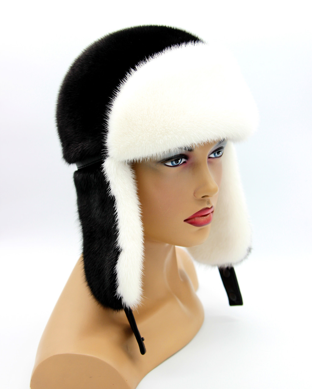 Женская норковая шапка-ушанка "Лобик" длинное ухо (белый/черный). - фото 1 - id-p8640081