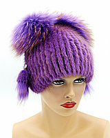 Меховая шапка из ондатры и чернобурки "Кити" на вязаной основе, (фиолетовая).