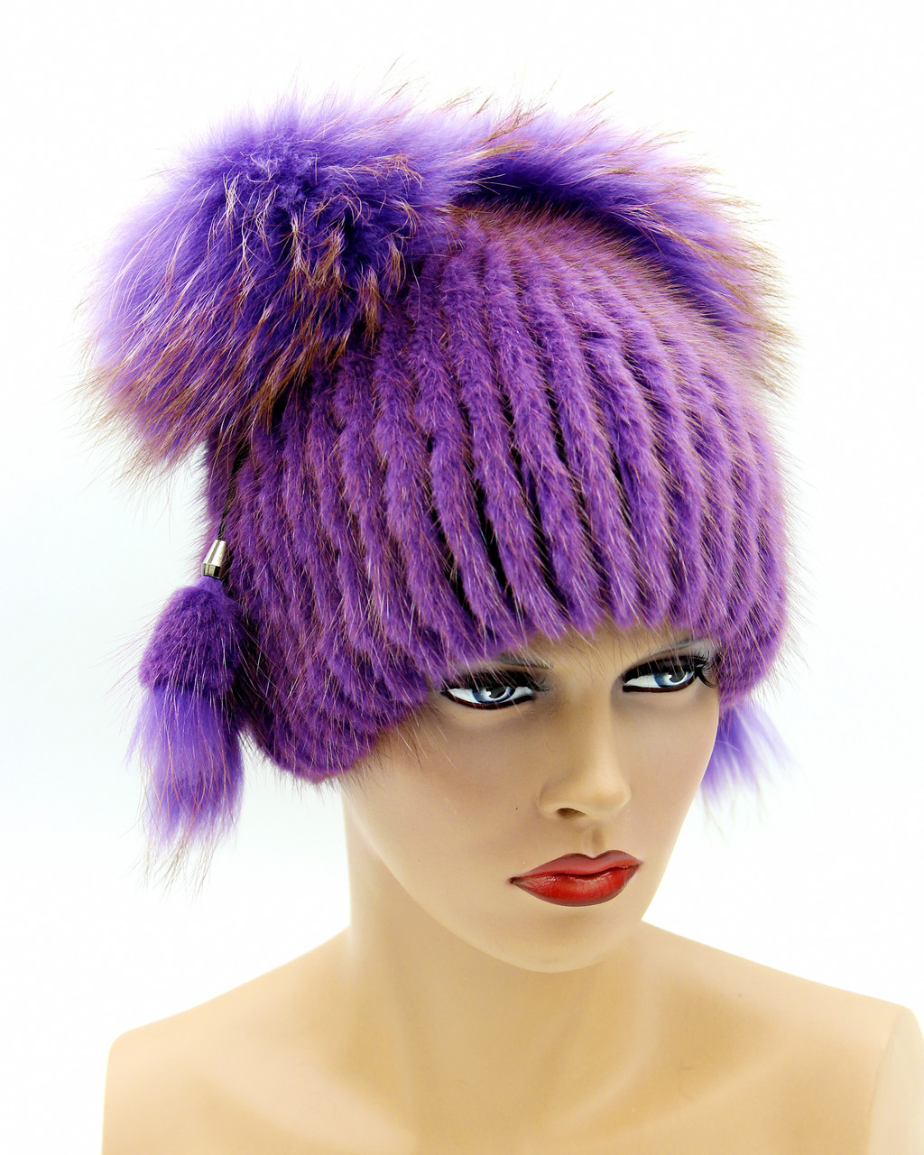 Меховая шапка из ондатры и чернобурки "Кити" на вязаной основе, (фиолетовая). - фото 1 - id-p8141266