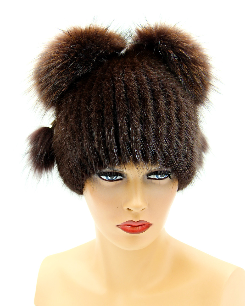 Женская шапка из меха ондатры и чернобурки "Кити" на вязаной основе, (коричневая). - фото 1 - id-p8141268