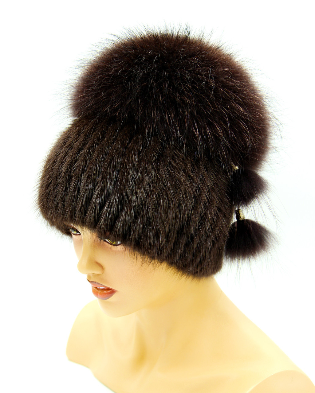 Женская меховая шапка из ондатры и чернобурки "Бон" на вязаной основе(коричнева) - фото 1 - id-p8141304