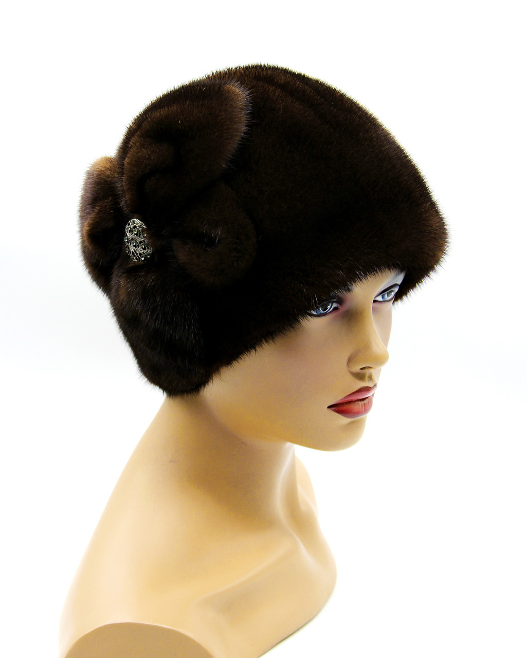 Женская шапка меховая из норки "Шарик с цветком", коричневая. - фото 1 - id-p8141534
