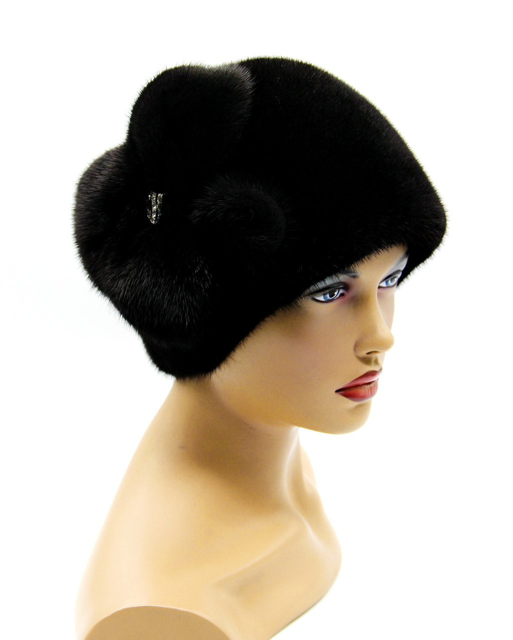 Женская шапка меховая норковая "Шарик с цветком", черная. - фото 1 - id-p8141537