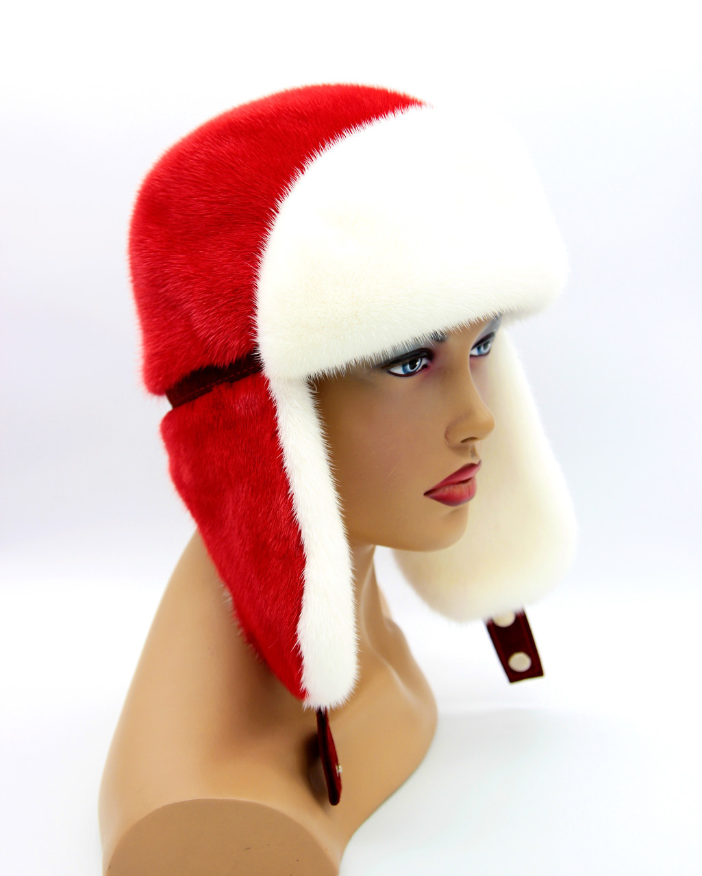 Женская шапка ушанка норковая "Лобик" (белый-красный). - фото 1 - id-p8141565