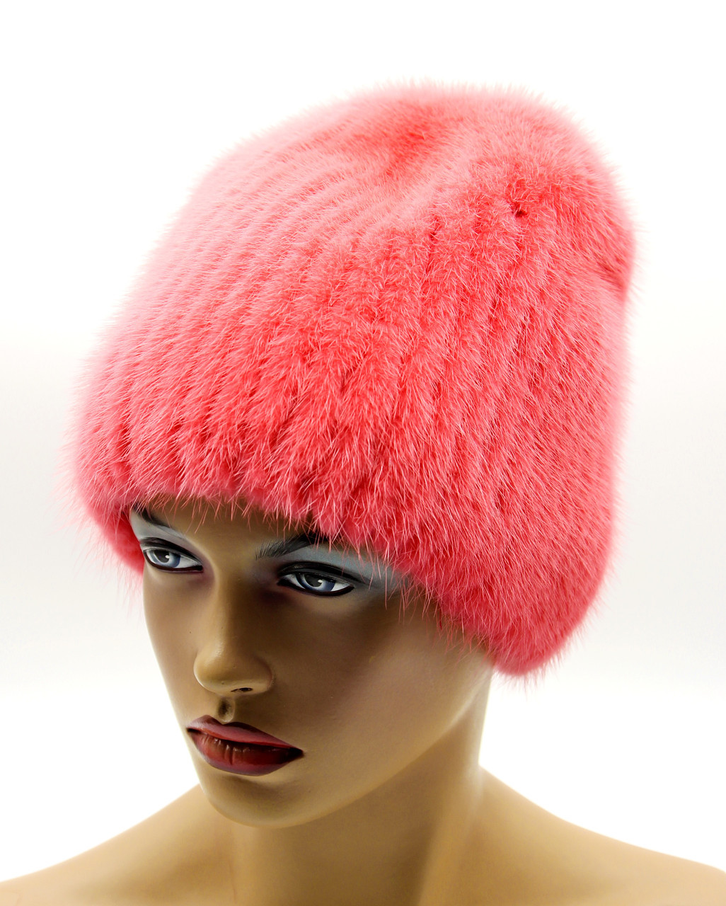 Меховая шапка норковая женская на вязаной основе "Бини" розовая. - фото 1 - id-p10103378