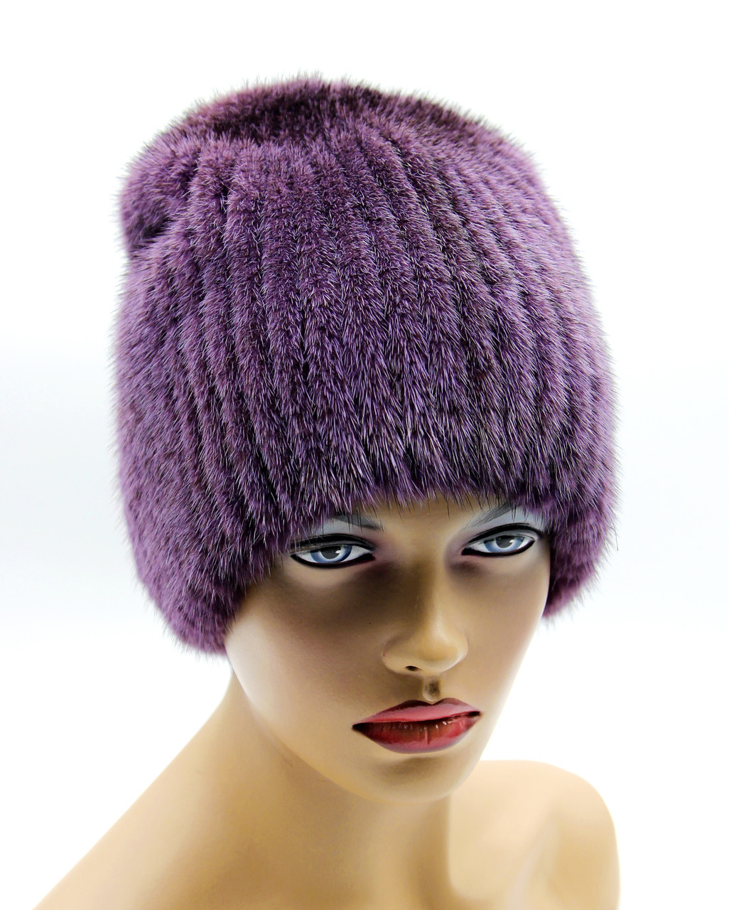 Меховая норковая шапка на вязаной основе "Бини" (фиолетовая). - фото 1 - id-p10103379