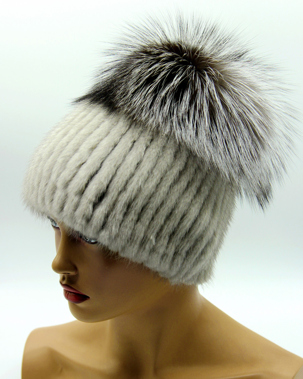 Женская норковая шапка на вязаной основе "Малибу" серая. - фото 1 - id-p10103380
