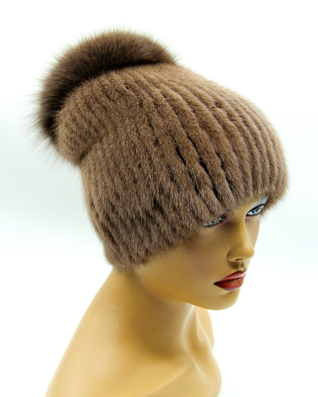 Женская норковая шапка на вязаной основе "Бини Бон" (кофе с молоком). - фото 1 - id-p10103381