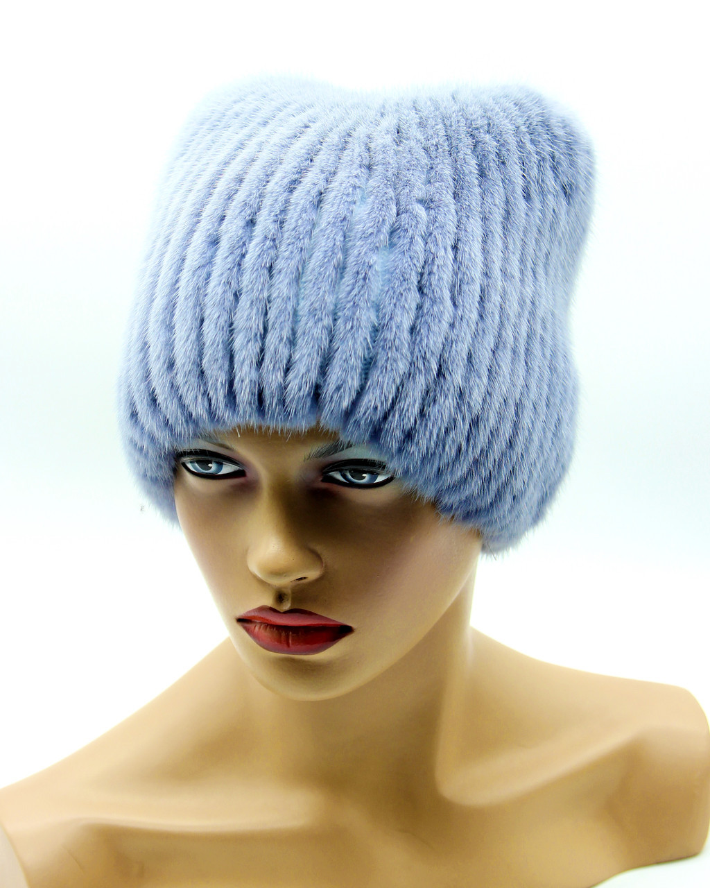 Норковая шапка на вязаной основе "Буратино" (голубая). - фото 1 - id-p10103382