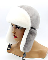 Зимняя норковая женская шапка ушанка "Лобик" (белый\сапфир)