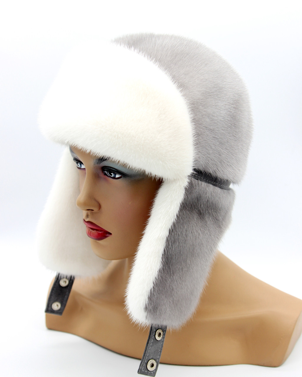 Зимняя норковая женская шапка ушанка "Лобик" (белый\сапфир) - фото 1 - id-p8141567