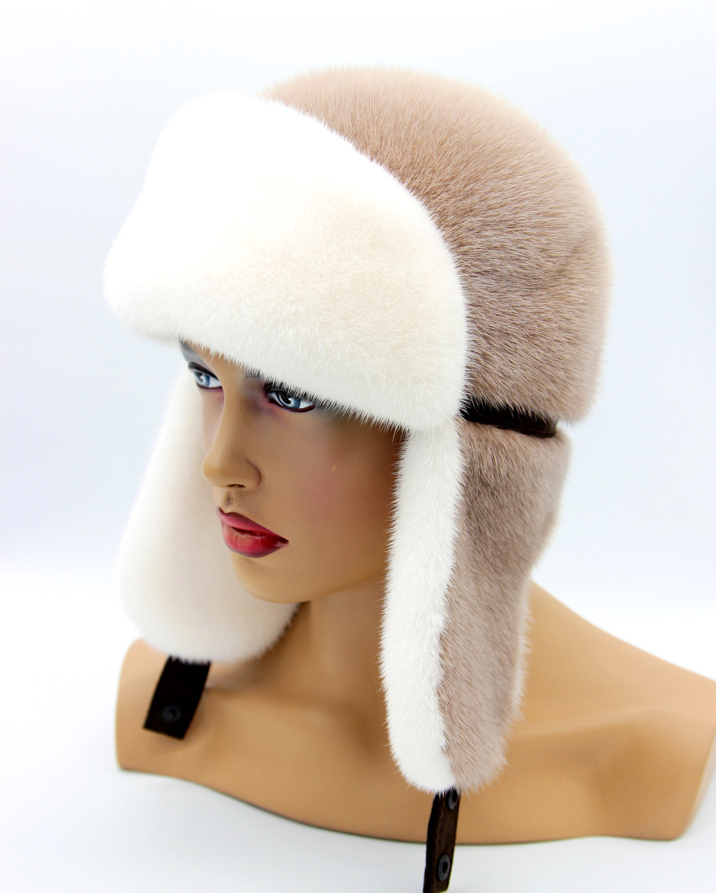 Женская меховая шапка-ушанка норковая "Лобик" длинное ухо (белый/пудра). - фото 1 - id-p10103398