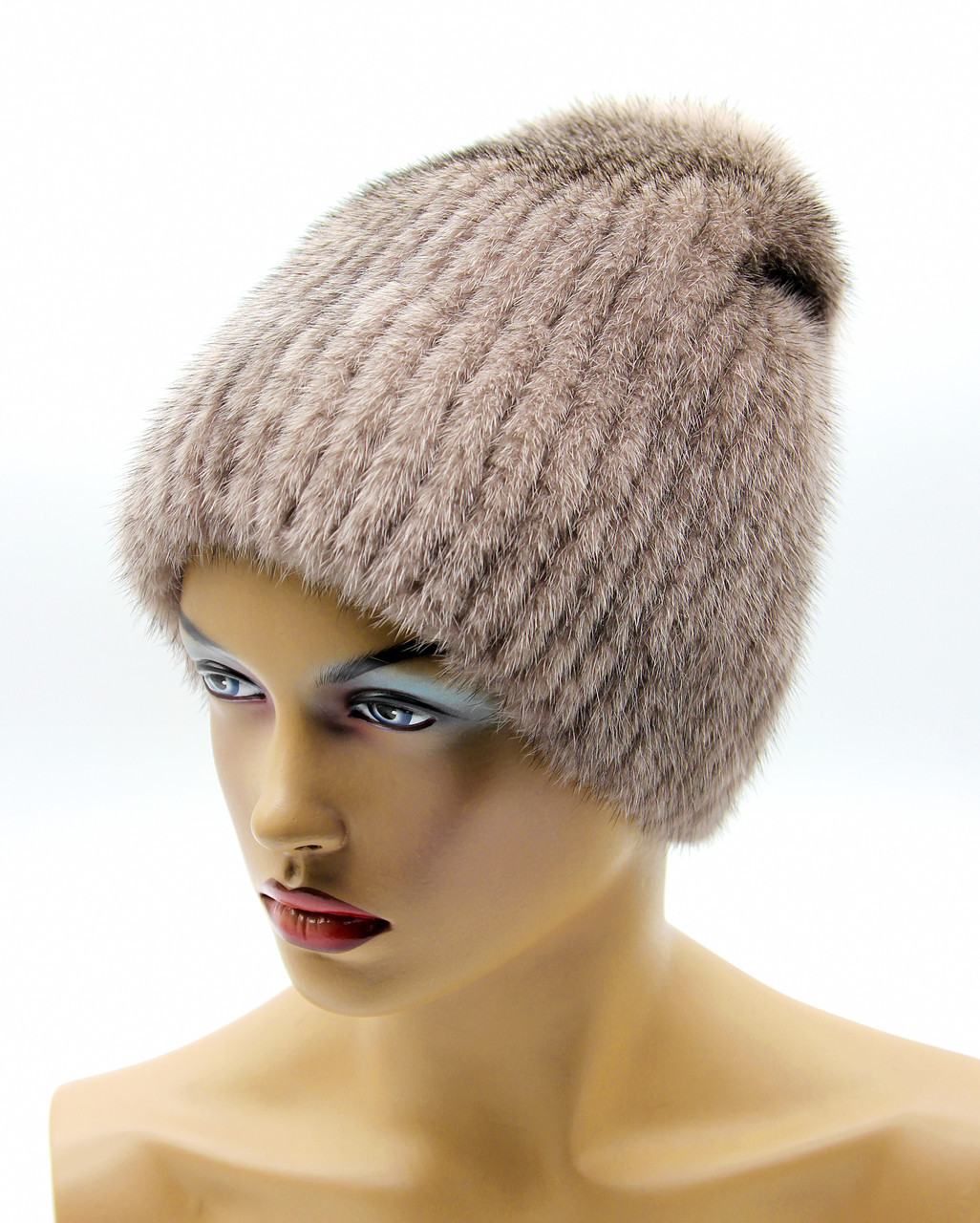 Женская меховая норковая шапка на вязаной основе "Бини" (серая). - фото 1 - id-p10103400
