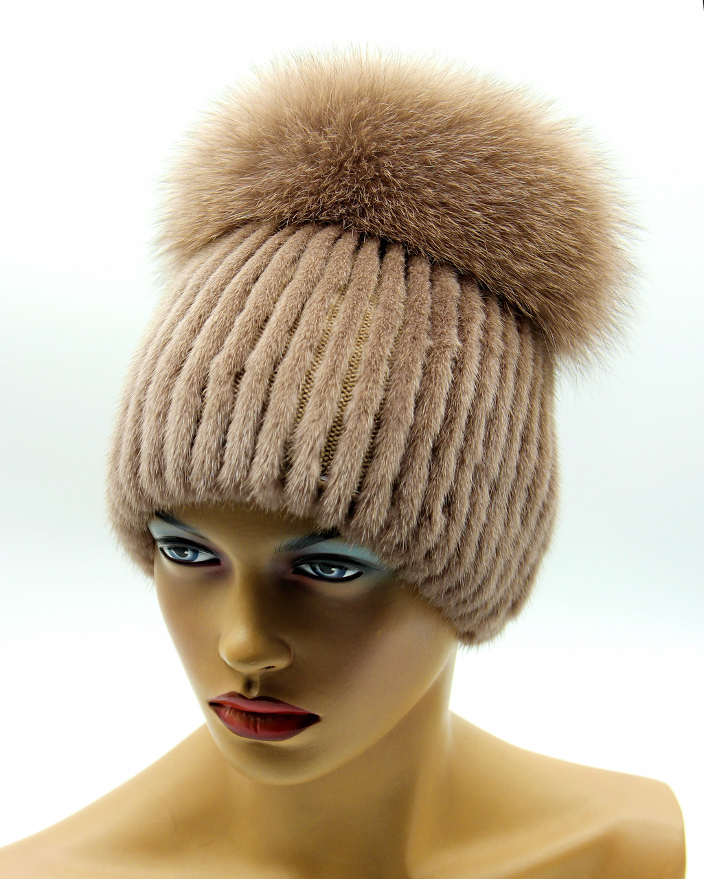 Зимняя норковая шапка женская на вязаной основе "Малибу" кофе. - фото 1 - id-p10103401