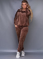 Красивый женский велюровый спортивный костюм с перфорацией: кофта с капюшоном и штаны, большие размеры батал