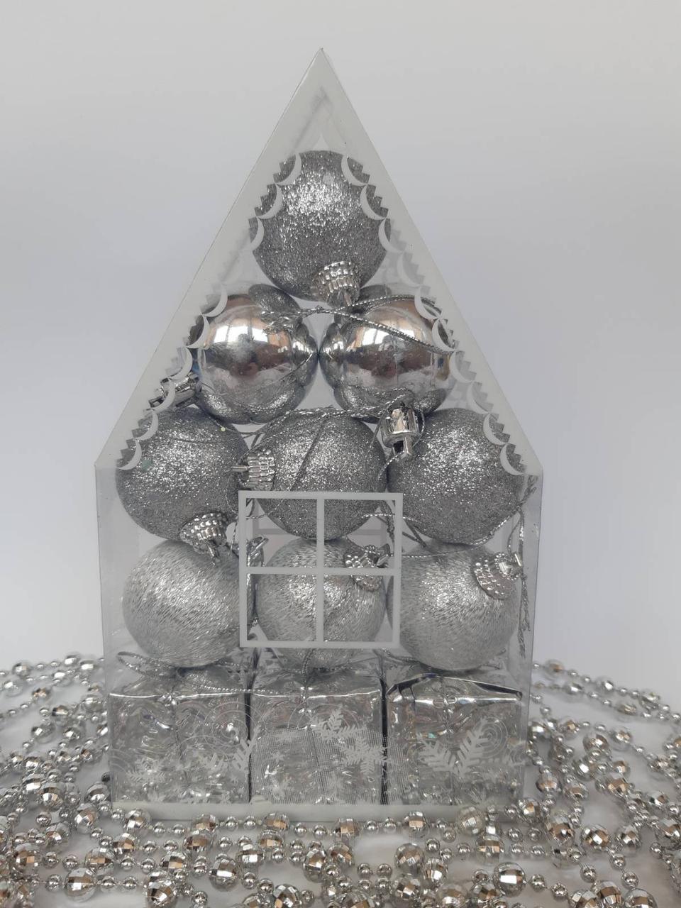 Новогодние игрушки на елку Набор Домик серебро 12 штук - фото 1 - id-p10117680