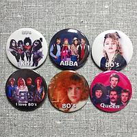 Коллекция значков с изображением музыкальных групп и исполнителей 80-х 58 мм, Коллекция