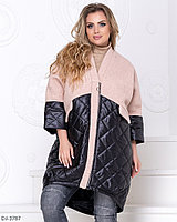 Женское стильное осеннее комбинированное стеганное пальто кокон, батал большие размеры