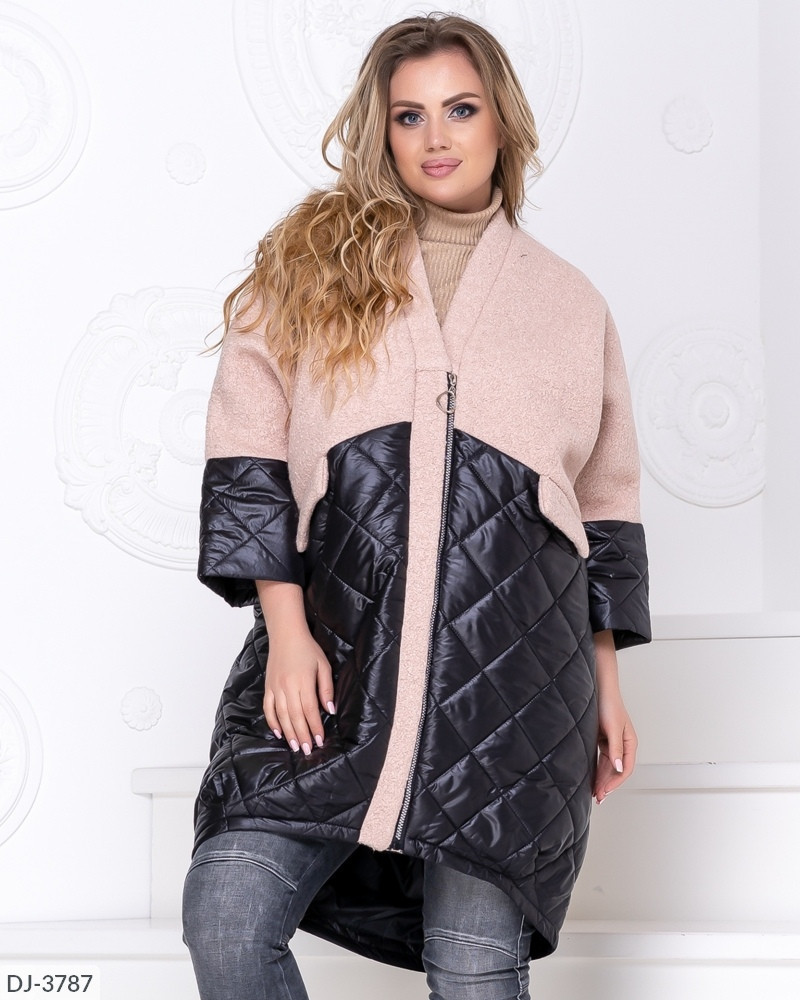 Женское стильное осеннее комбинированное стеганное пальто кокон, батал большие размеры - фото 1 - id-p10128280