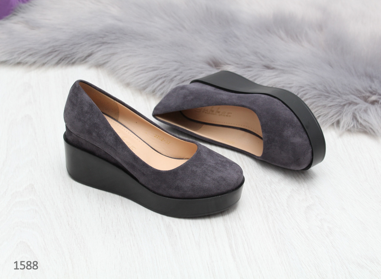 Темно серые замшевые женские туфли с открытым носком - фото 1 - id-p10141546
