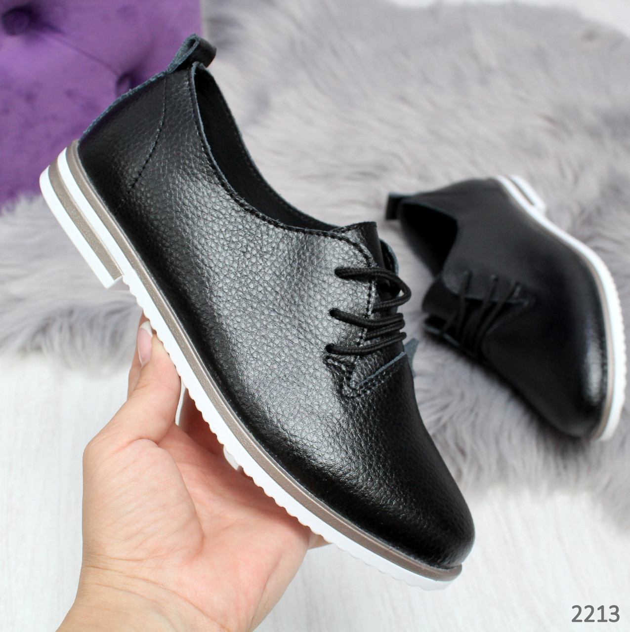 Повседневные черные женские туфли из натуральной кожи - фото 1 - id-p10141929