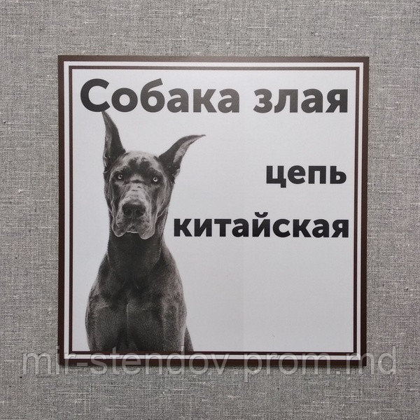 Табличка Осторожно, злая собака. "Собака злая. Цепь китайская!" (Немецкий дог) - фото 1 - id-p10107290