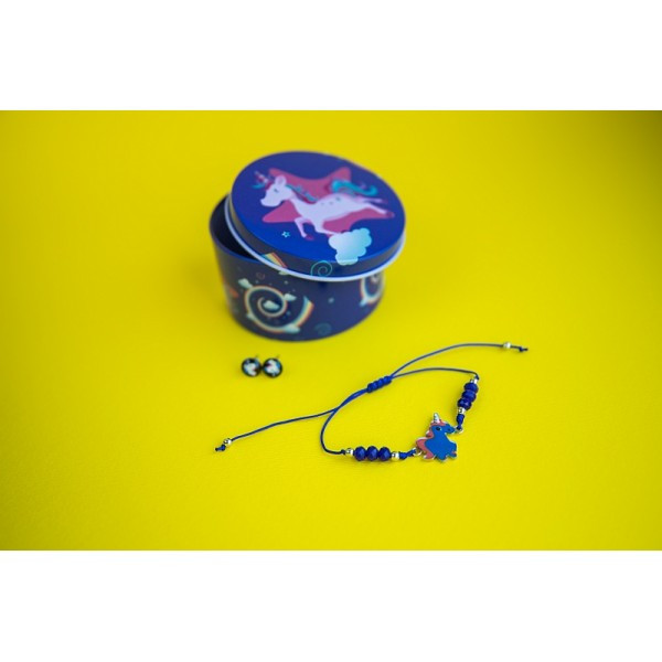 Браслет с кулоном Единорог в комплекте с серьгами-гвоздиками E&D 9738ED синий - фото 1 - id-p10115797