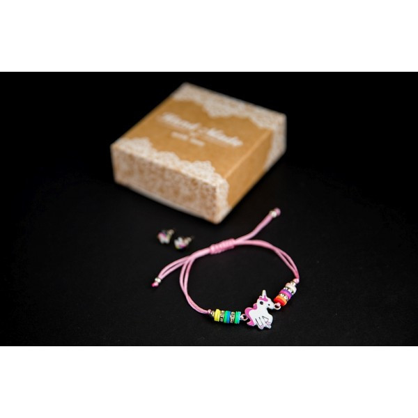 Браслет с кулоном Единорог в комплекте с серьгами-гвоздиками E&D 9729ED светло-розовый - фото 1 - id-p10171211