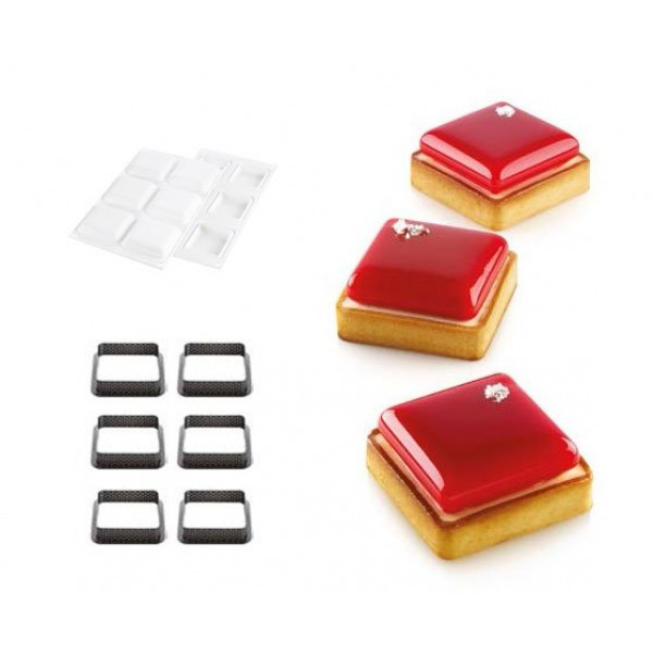 Форма силиконовая для десерта Silikomart Kit Tarte Ring Square 67x67 мм h=15 мм +6 квадратных колец 80х80х20мм - фото 1 - id-p10171290