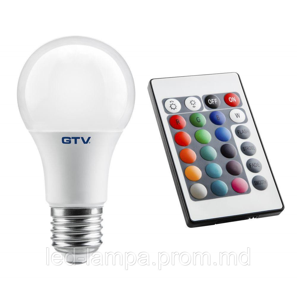Светодиодная LED лампа GTV, 8W, E27, A60, шарик, RGB + белый + пульт ДУ. ЕВРОПА!!! Гарантия - 3 года - фото 1 - id-p10317966