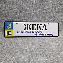 Номер на коляску сына с его именем.  "Красивый в маму, чёткий в папу" (Герб UA)