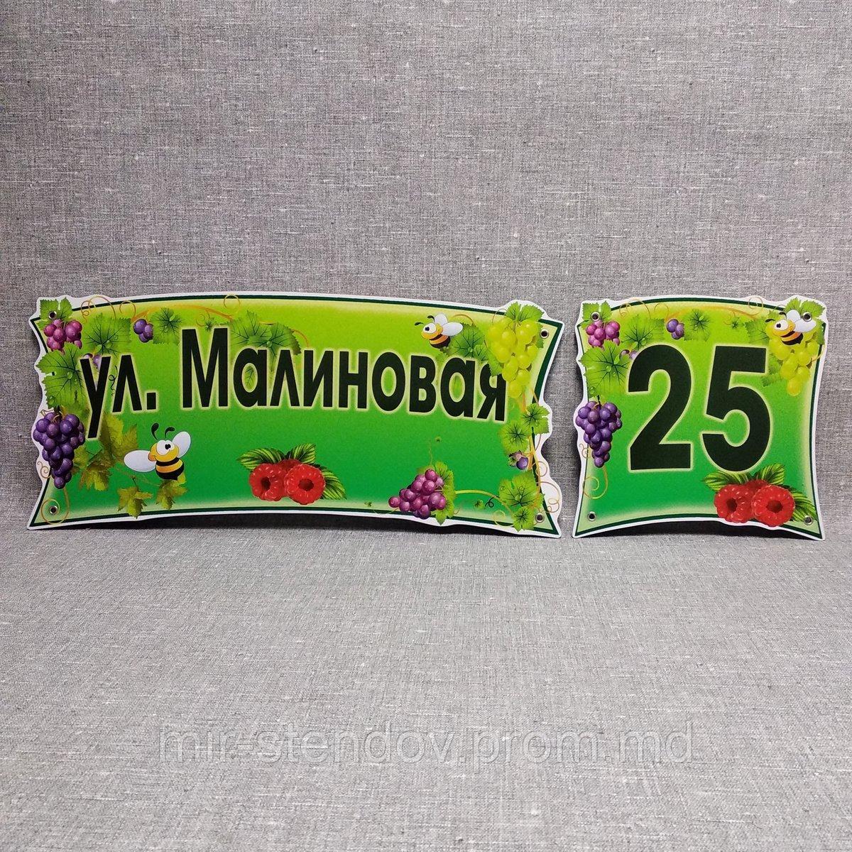 Адресный указатель с названием улицы + табличка с номером дома. "Малиновый", фото 1