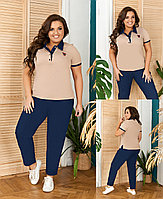 Женский прогулочный костюм: футболка-поло и джинсовые штаны, батал большие размеры