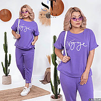 Летний трикотажный женский костюм тройка: футболка с укороченными штанами и шортами, батал большие размеры