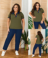 Женский прогулочный костюм: футболка-поло и джинсовые штаны, батал большие размеры
