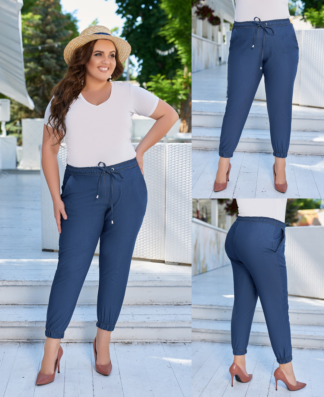 Стильные летние женские тонкие укороченные зауженные джинсовые штаны, батал большие размеры - фото 1 - id-p10359743