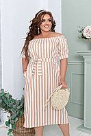 Легкое летне платье миди в горошек с открытыми плечами с пояском и повязкой, норма и батал большие размеры