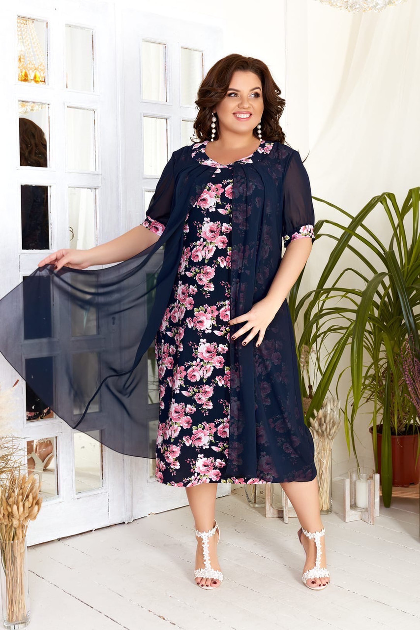 Красивое летнее платье в цветочный принт с шифоновым верхом пелериной, батал большие размеры - фото 1 - id-p10367174