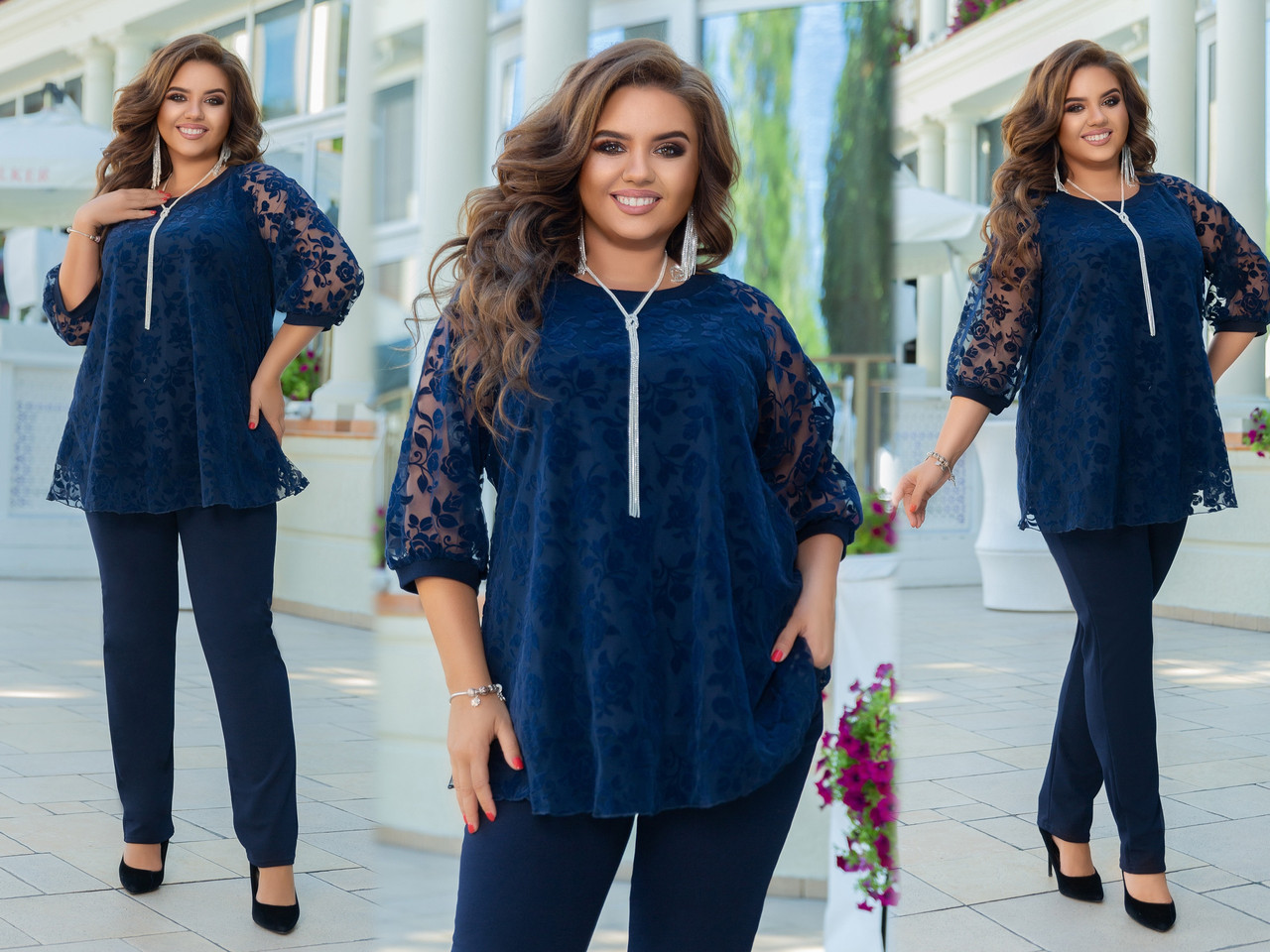 Красивый женский нарядный костюм: двухслойная блуза с сеткой и брюки, батал большие размеры - фото 1 - id-p10408585